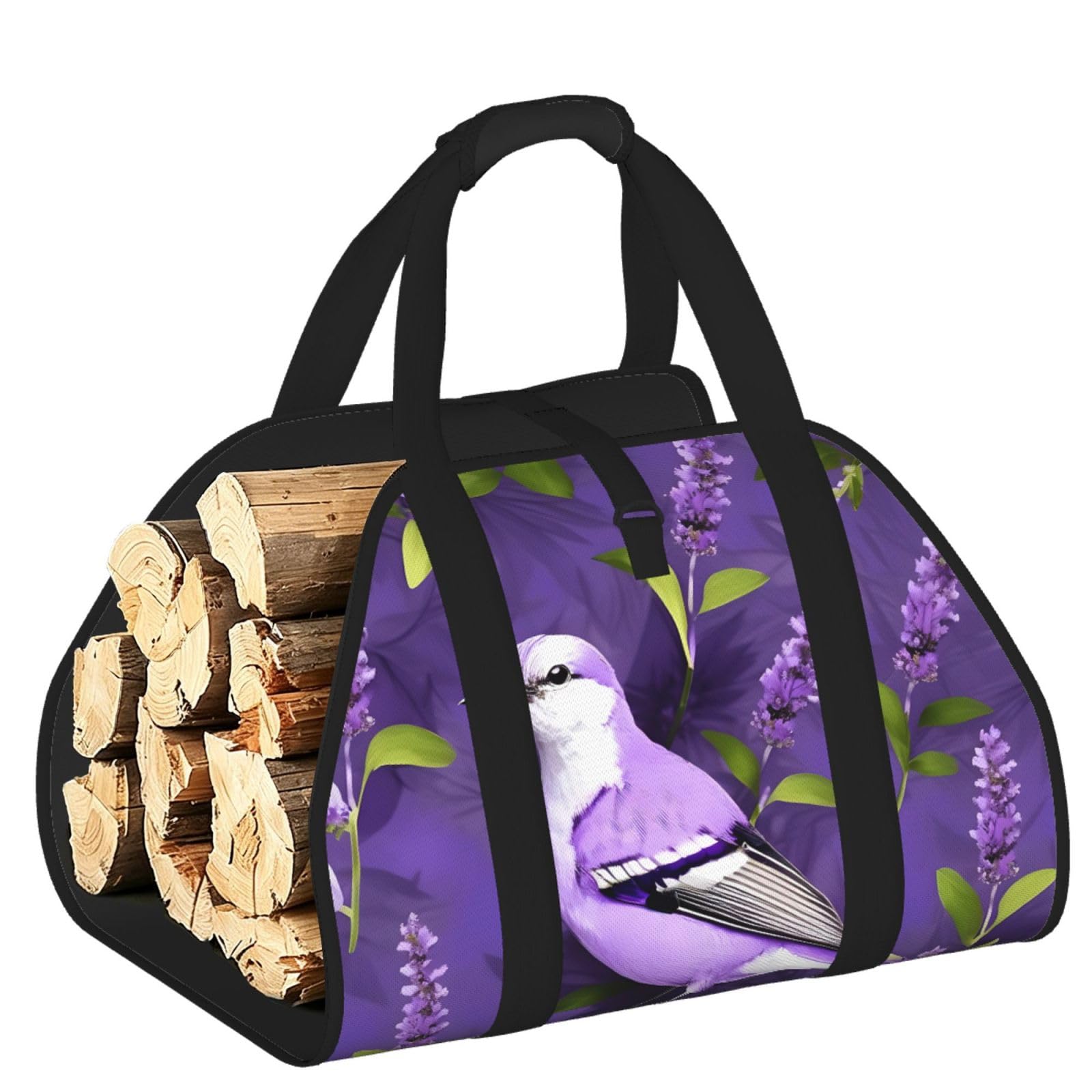 Bird in Purple Lavender Floral Flowers Printed Firewood Carrier Bag, Log Tote with Open-Ended Design for Camping Outdoor Wood Hauling