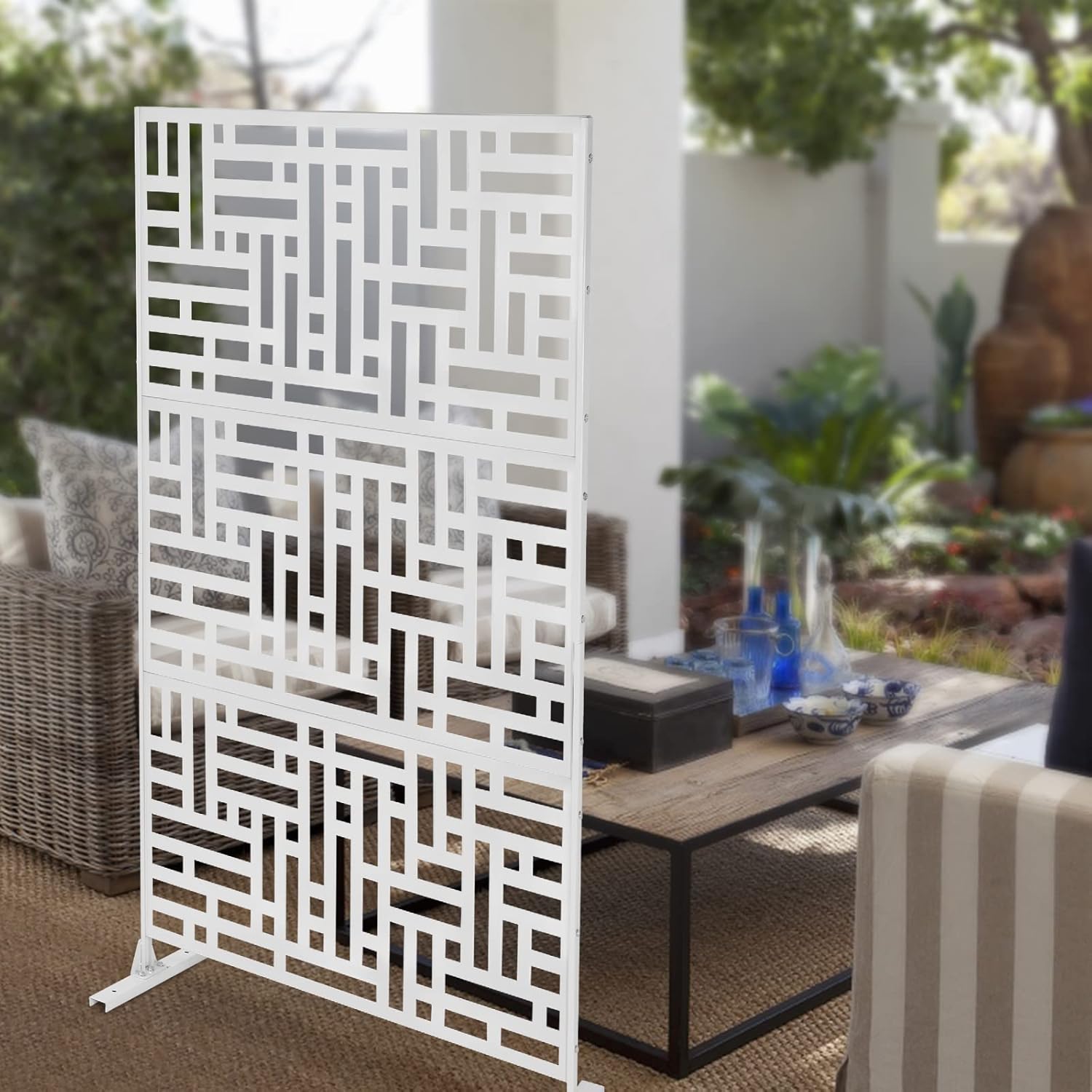 Outdoor Privacy Screen, 75" H x 35" W Metal Patio Privacy Screen with Stand, Freestanding Privacy Fence Panels for Patio, Garden, Indoor (White Strips Pattern)