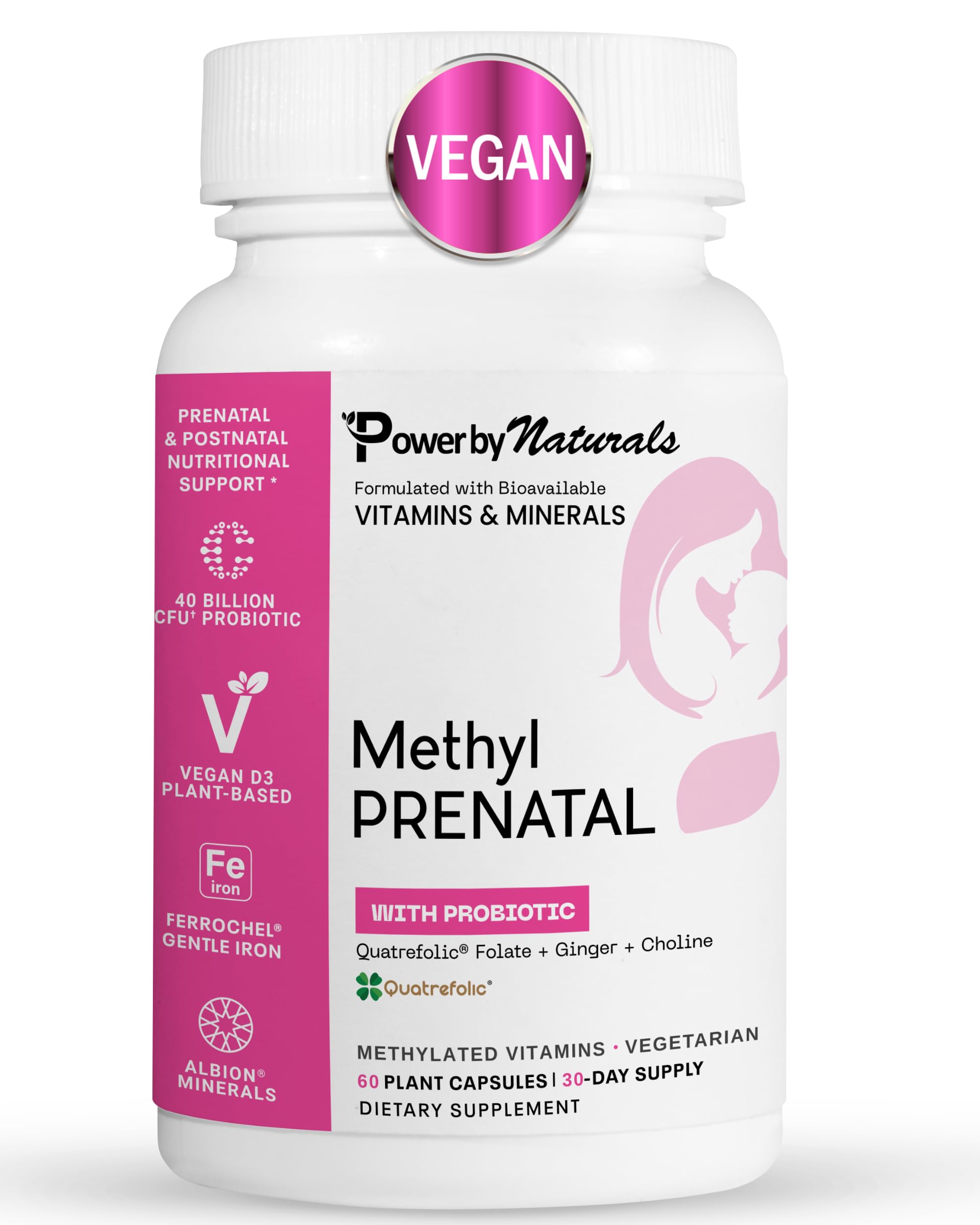 Power By Naturals Prenatal Probiotic Blend Vitamins w/Methylfolate, B12, Iron, Ginger & 27+ Essential Nutrients for Healthy Pregnancy, Prenatal Probiotics for Women, Pregnancy Probiotic, 60 Capsules