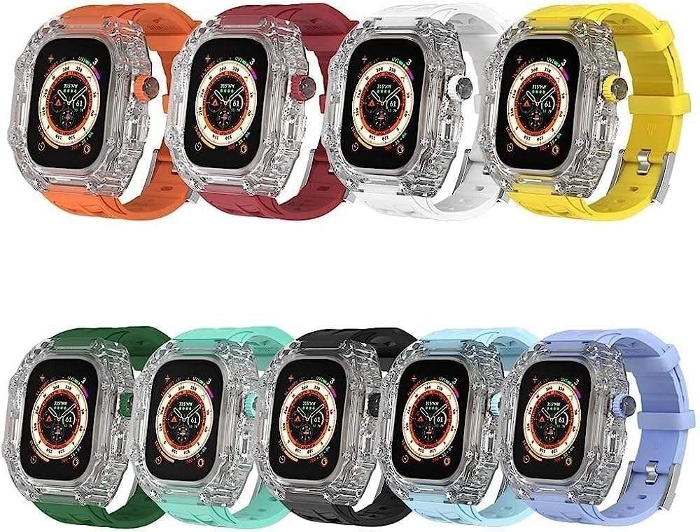 Hard PC Shockproof Watch Cover Silicone Strap，For Apple Watch Ultra 49mm 45mm 44mm, Transparent Case Replacement Sport Bands Mod Kit，For Iwatch Series 8/7/6/5/4/SE upgrade