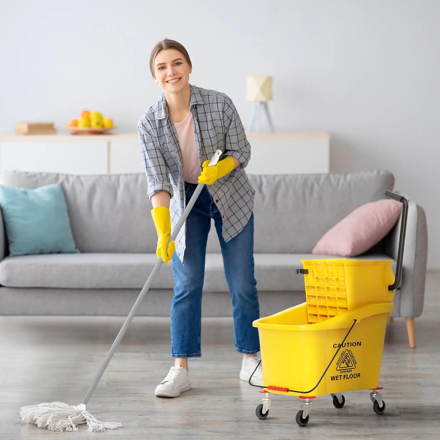 38 Quart Mop Bucket with Down Press Wringer on Wheels, Rolling Floor Cleaning Bucket with Handle, Commercial Cleaning System (Yellow) (Yellow)