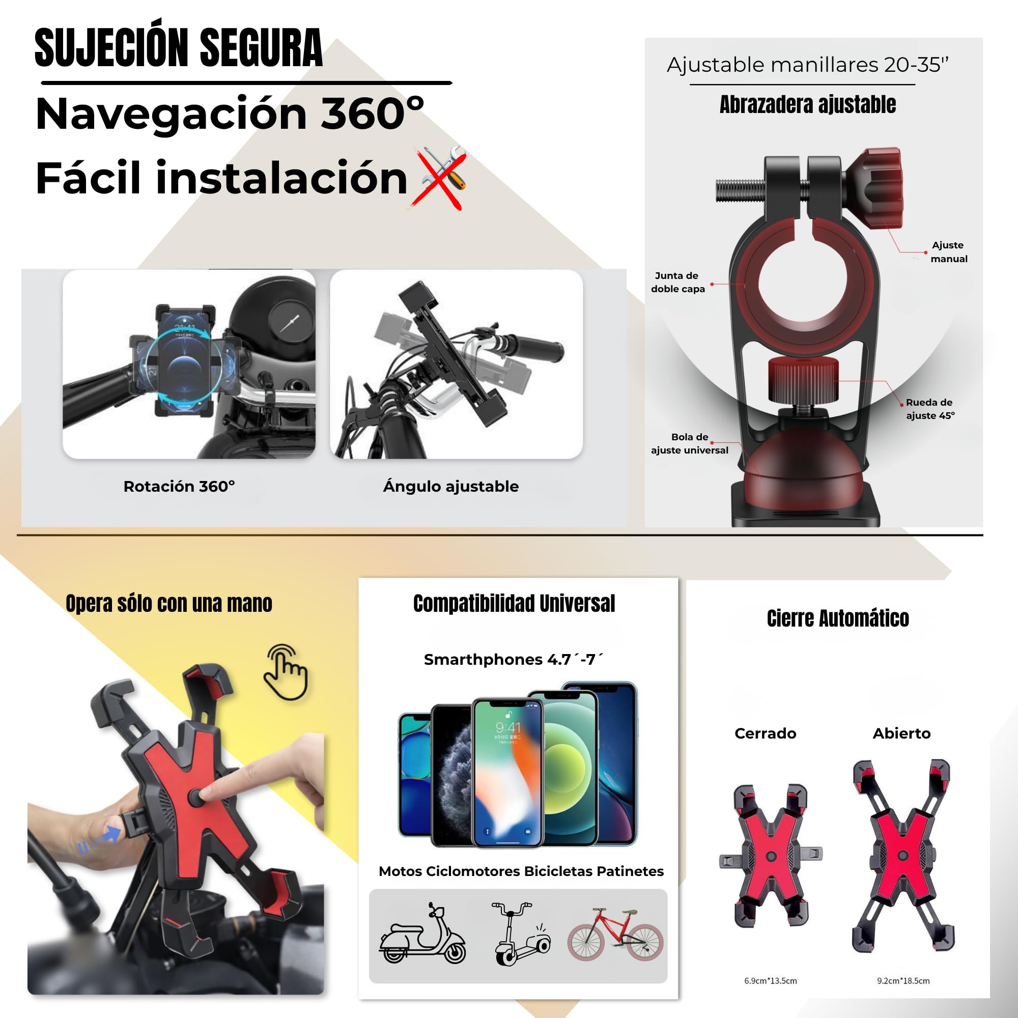 BIBRABY® Soporte móvil Moto de Manillar | Soporte movil Bicicleta | Patinete eléctrico | Soporte telefónico Desmontable | Giro 360º | Compatibilidad Universal 4,5-7'' (Negro) — view 4