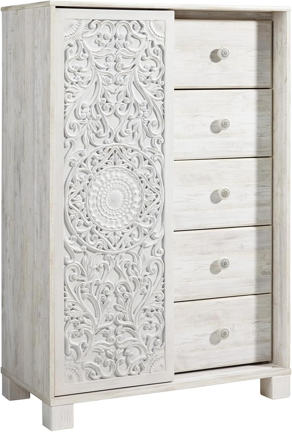 Signature Design by Ashley Paxberry Boho 5 Drawer Dressing Chest with Slider Door & 3 Adjustable Shelves, Whitewash Whitewash Antique