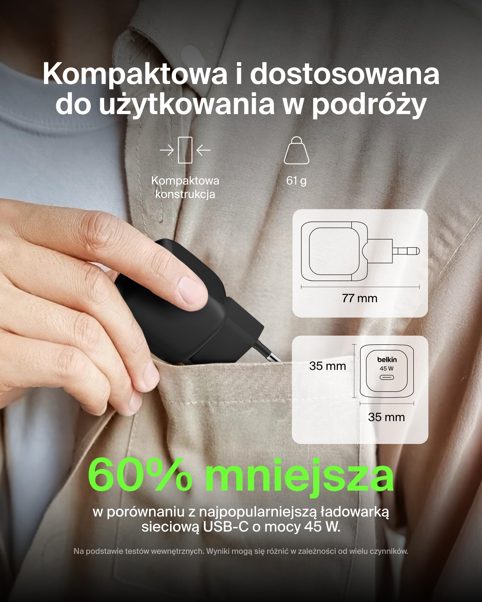 Belkin kompaktowa ładowarka sieciowa 45 W, szybkie ładowanie USB-C Power Delivery dla urządzeń Apple iPhone 16, 16 Plus, 16 Pro, 16 Pro Max, 15, Samsung Galaxy S25, iPad, AirPods i innych – czarna