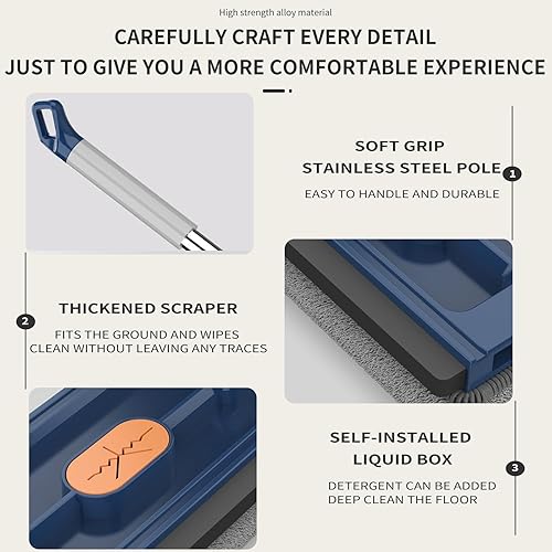 Miniatura 2 de Trapeador plano grande, mopa húmeda y seca, fregona ajustable de acero inoxidable con mango largo, mopa giratoria 360 (azul + 2 paños)