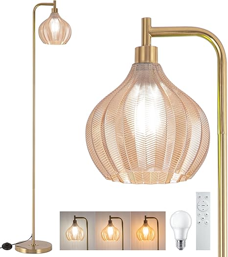 EIDISUNY Gold Floor Lamp for Living Room, Modern Standing Lamp with Remote, Dimmable, 3CCT, Arc Tall Floor Lamp with Amber Glass Lampshade for Bedroom Study Room Office (Bulb Included)