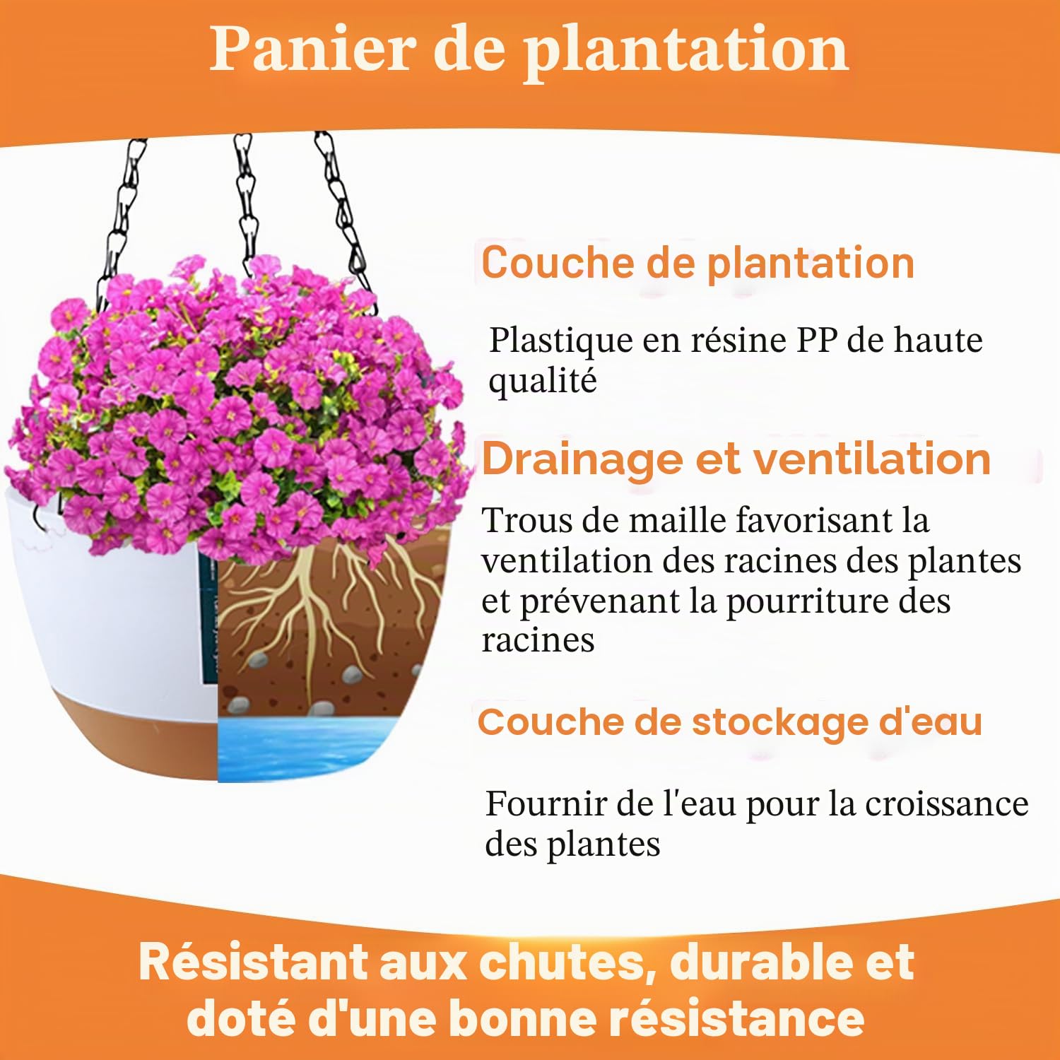 Lot de 3 pots de fleurs suspendus avec trous de drainage et soucoupes, support de plantes à suspendre pour intérieur et extérieur, panier suspendu pour plantes et fleurs (gris foncé)