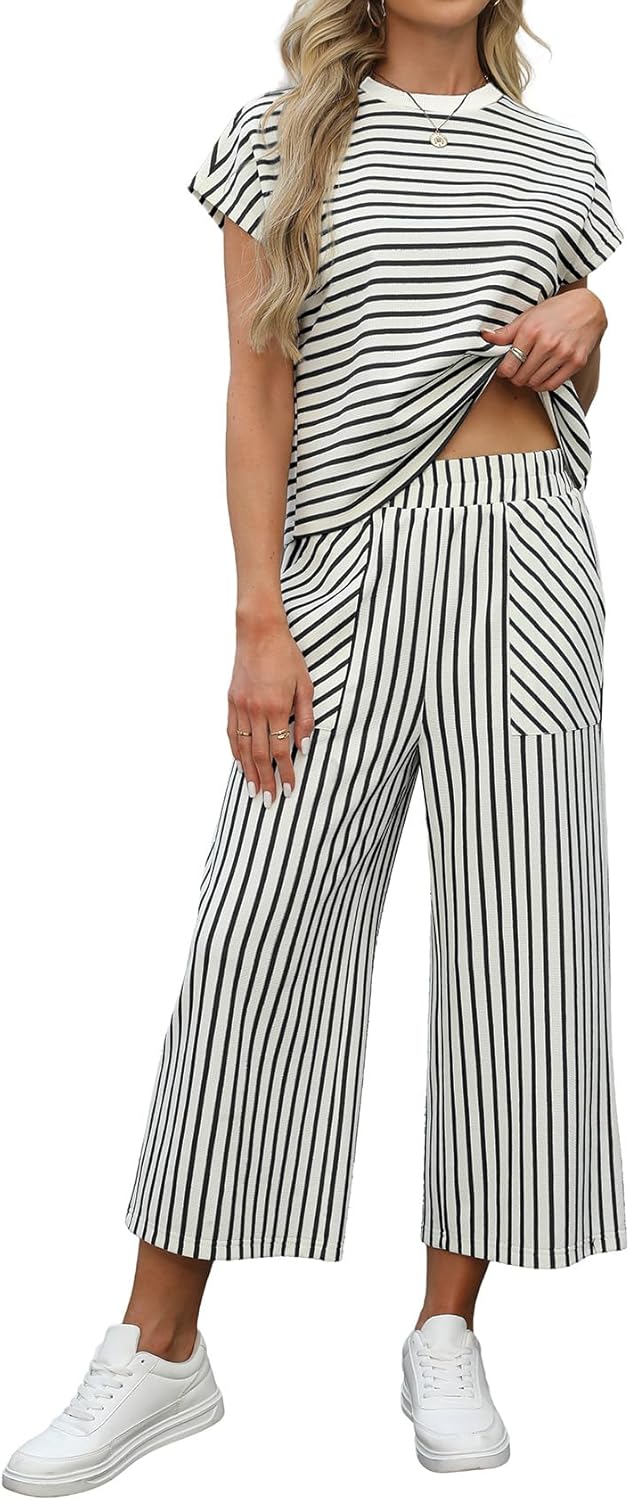 Sweetmoon 2 Piece Sets for Women Summer Outfits Short Sleeve Travel Outfits for Women Vacation Crop Pant Matching Lounge Set - Image 2