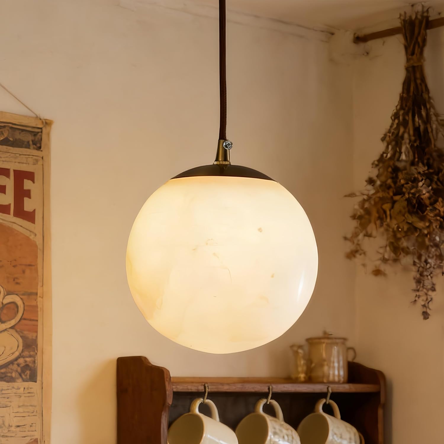 Natural Alabaster Pendant Lights Kitchen Island, D-5.9in White Pendant Light Fixture, Light Pendant Marble Globe Shade White for Bedroom, Bathroom, Dining Room, Living Room