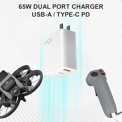 Miniatura 2 de Adaptador de corriente para dron, bloque de cargador compacto de doble puerto GaN de 65 W, cargador de puerto USB C y B, compatible con DJI Avata 2,