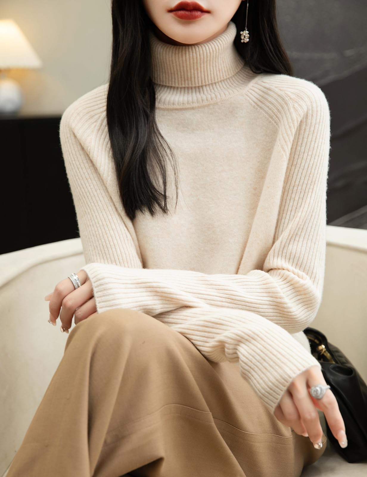 Chanyarn 100% Lain Merino Pulls Femmes Tricot Manche Longues col Haut Vintage Pullover Basique pour Automne Hiver