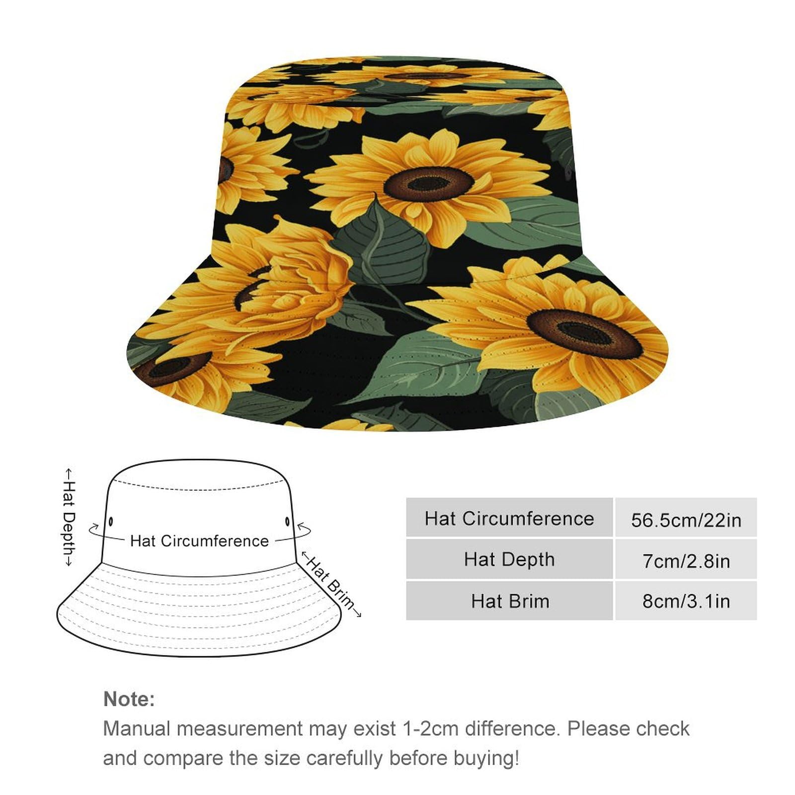 Sunflower Pattern Sun Hats Wide Brim Bucket Hat UV Protection Hat for Fishing Hiking Beach Garden Black