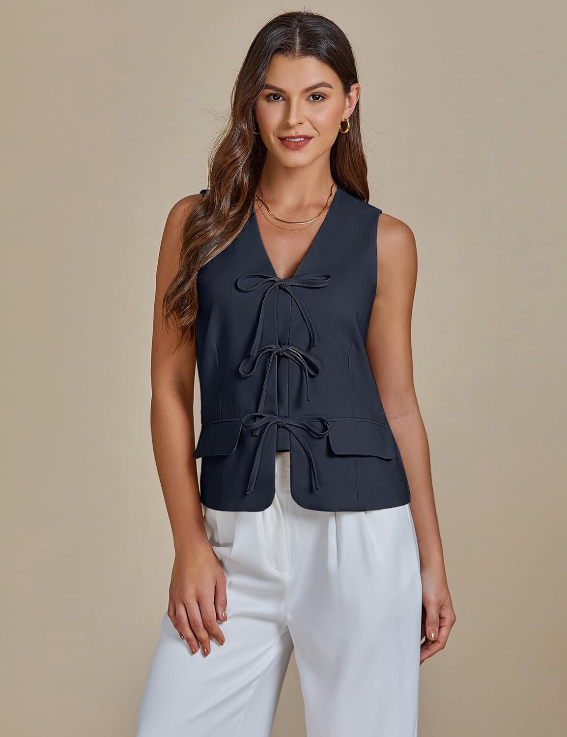 luvamia Linen Vest for Women Trendy Sleeveless Tie Front Tops Summer Casual Top Waistcoat Suit Vests with Pockets - Image 2