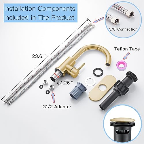 Miniatura 5 de Bathroom Sink Faucet Single Hole Brushed Gold, Modern Single Handle Bathroom Faucet Commercial Stainless Steel Bar Faucet (Brushed Gold, with Drain)