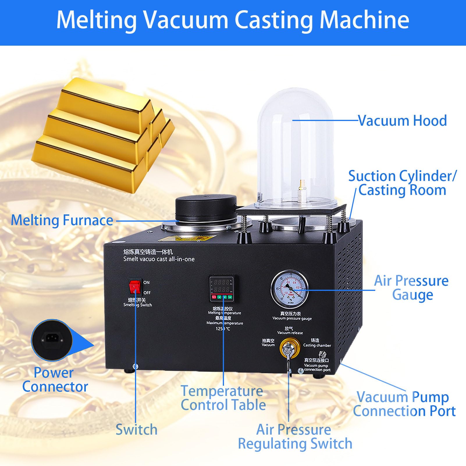 MáQuina De FusióN Al VacíO De 2 L, RefinacióN A Alta Temperatura con Crisol De Grafito Y Pantalla Digital, para La FabricacióN De Chatarra De FundicióN De Joyas 2KG