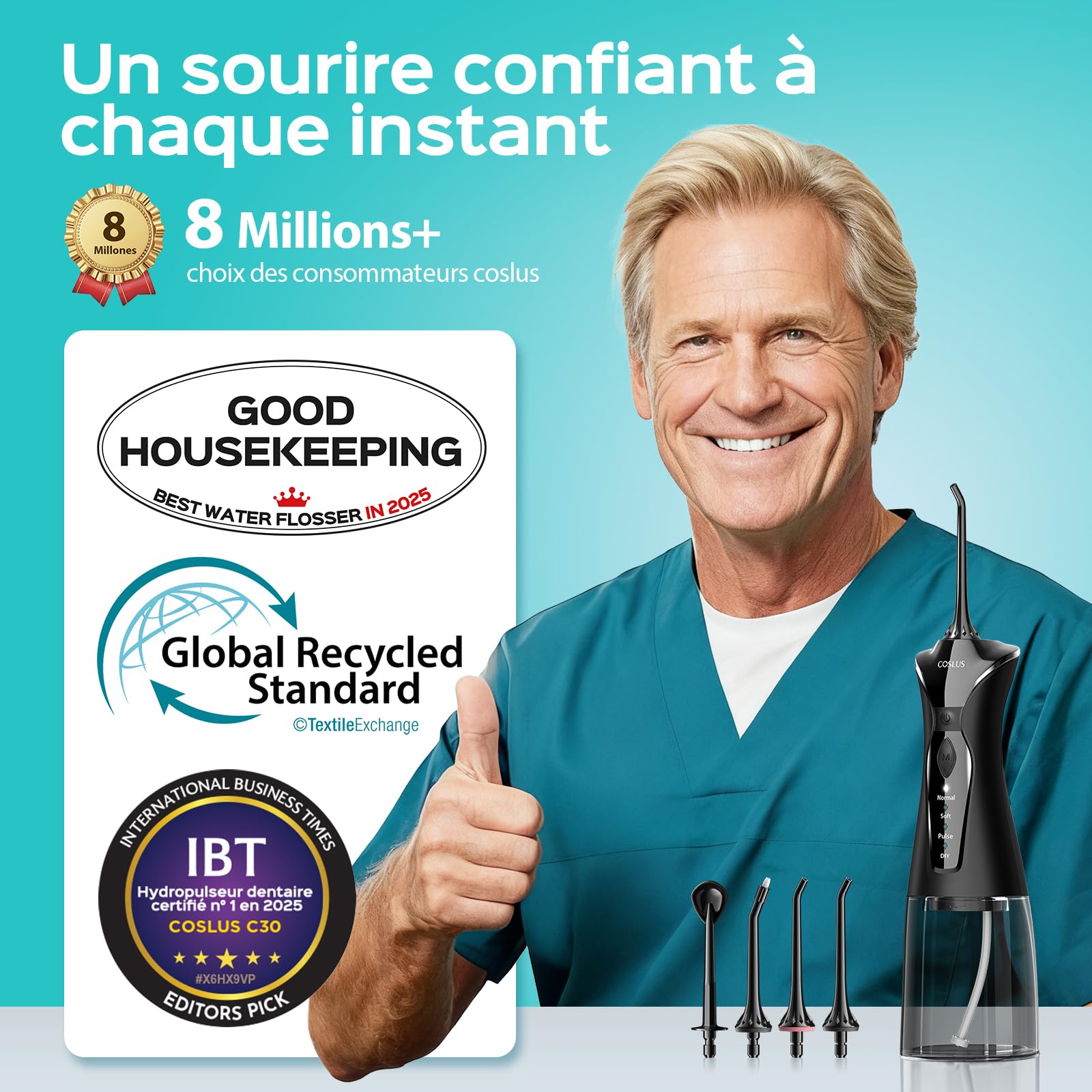 COSLUS Hydropulseur jet Dentaire Portable: 4 Modes Hydropulseur et Irrigateurs Oral, Réservoir d'eau 300 ml Vainqueur du Test, Rechargeable et Étanche IPX7, Noir Brillant, C30