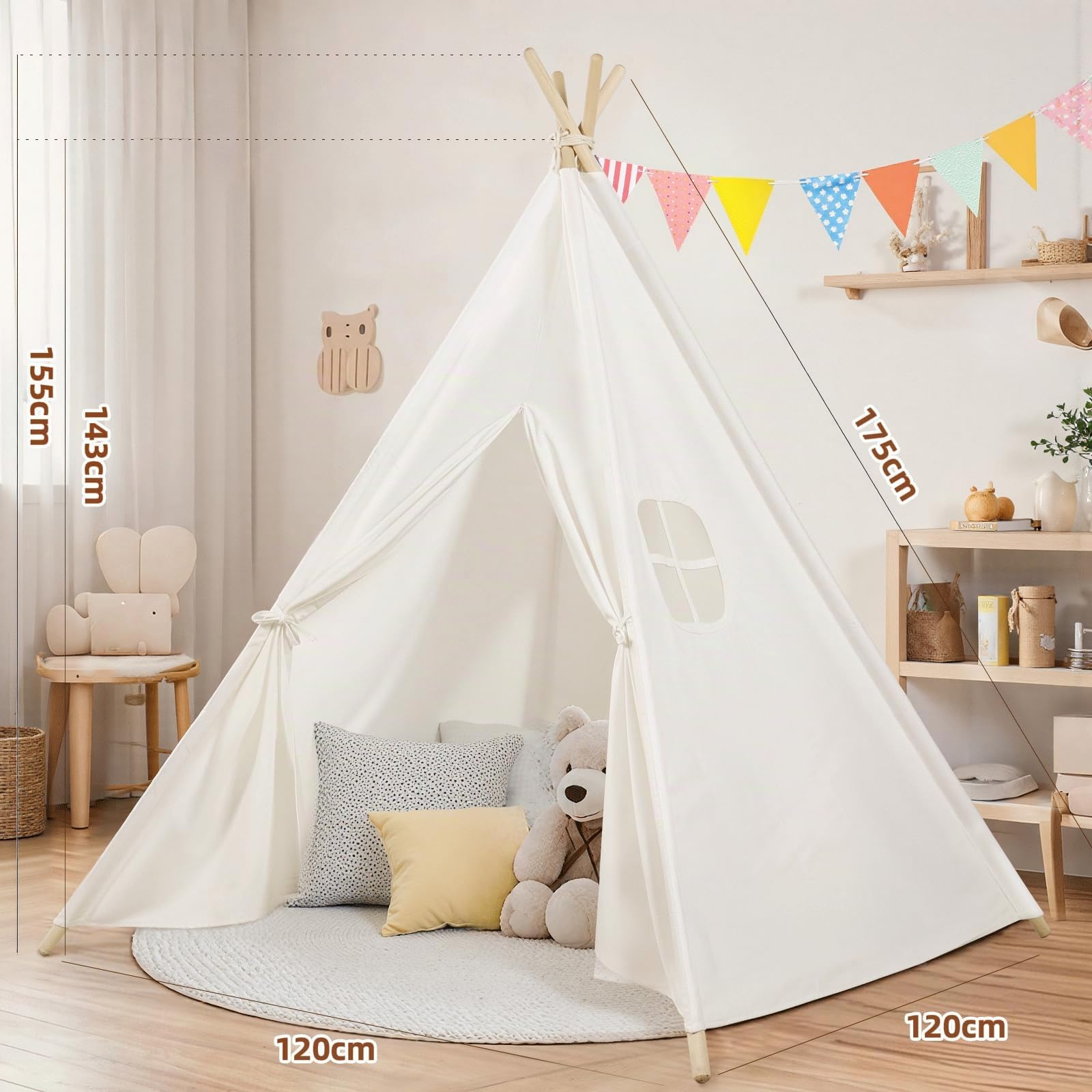 Wilwolfer Tenda per Bambini Cotone Tenda Gioco Bambini con Bandiere Colorate & Borsa Portaoggetti - Tende Indiana Teepee