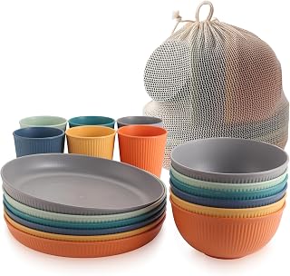 Anbte 18 Piezas Vajilla de Camping, Platos y Cuencos de Plástico para Camping, Irrompibles para 6, Reutilizables, Aptos para Microondas y Lavavajillas, para Cocina al Aire Libre, Camping y Picnic