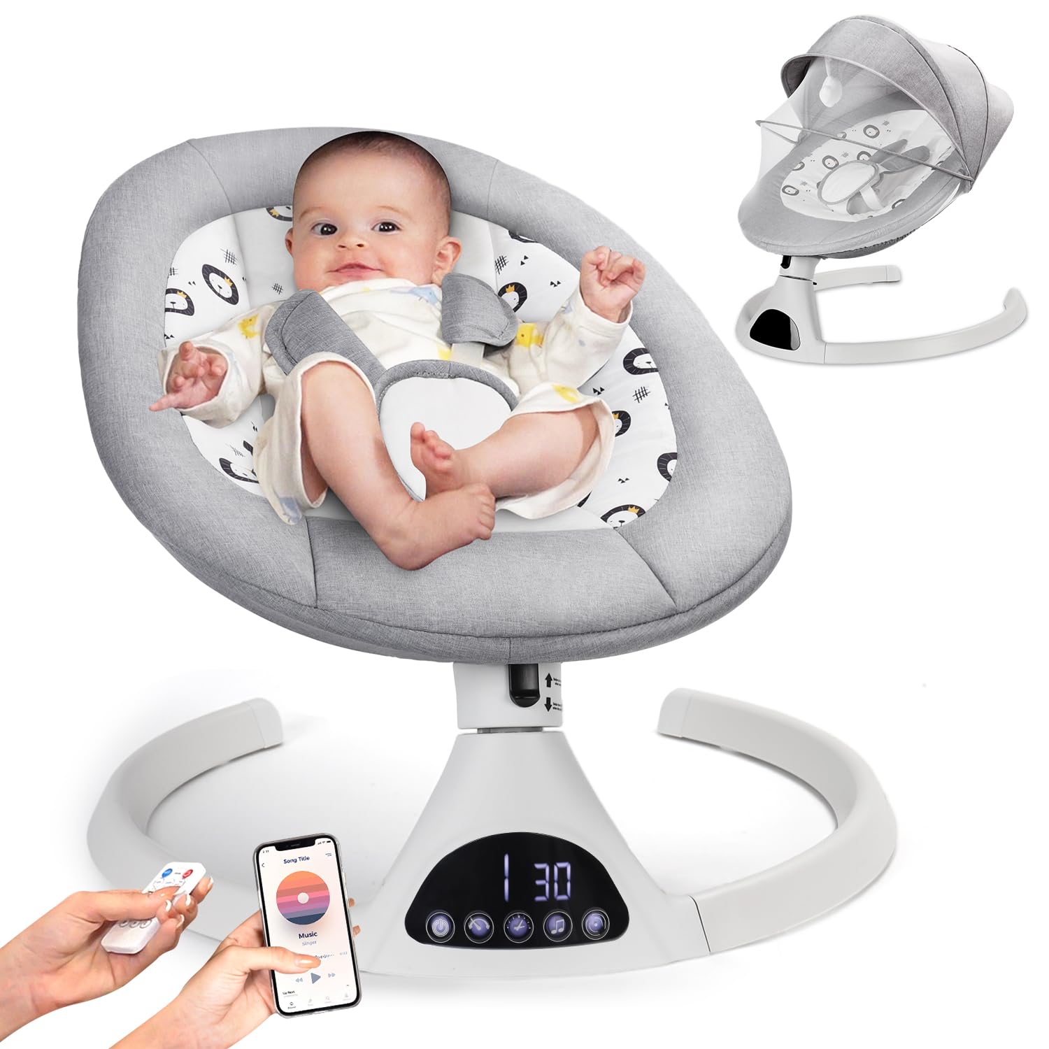 Columpio eléctrico para bebés, columpio para bebés, para recién nacidos, niño y niña, 5 velocidades de balanceo con control remoto, mosquetón de cinco puntos, 10 melodías preestablecidas y Bluetooth, color gris