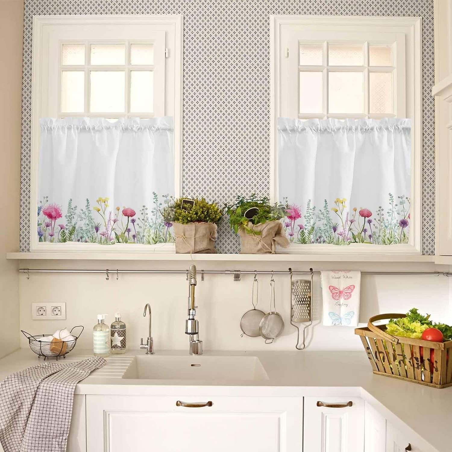 YOKOU Kitchen Curtain Valance, Spring Flower Leaves Summer Watercolor Floral Wildflowers Short Rod Pocket Window Curtain Tiers for Bedroom, Bathroom, 2 Panel, 27.5" W x36 L