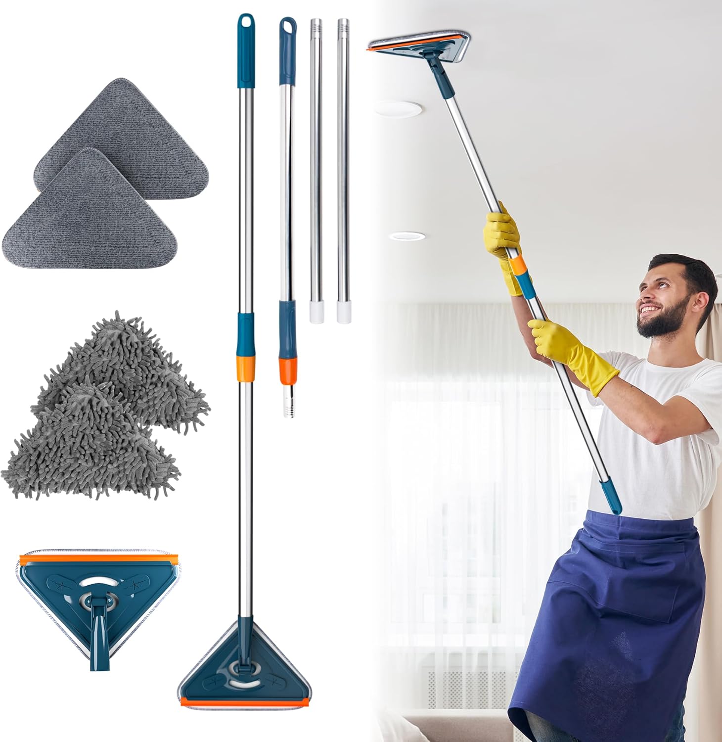 ABC PACK & SUPPLY Wall Mop Cleaner with Long Handle, Adjustable 31–79 Inch, Flat Microfiber Head, Stainless Steel Handle, Dark Green