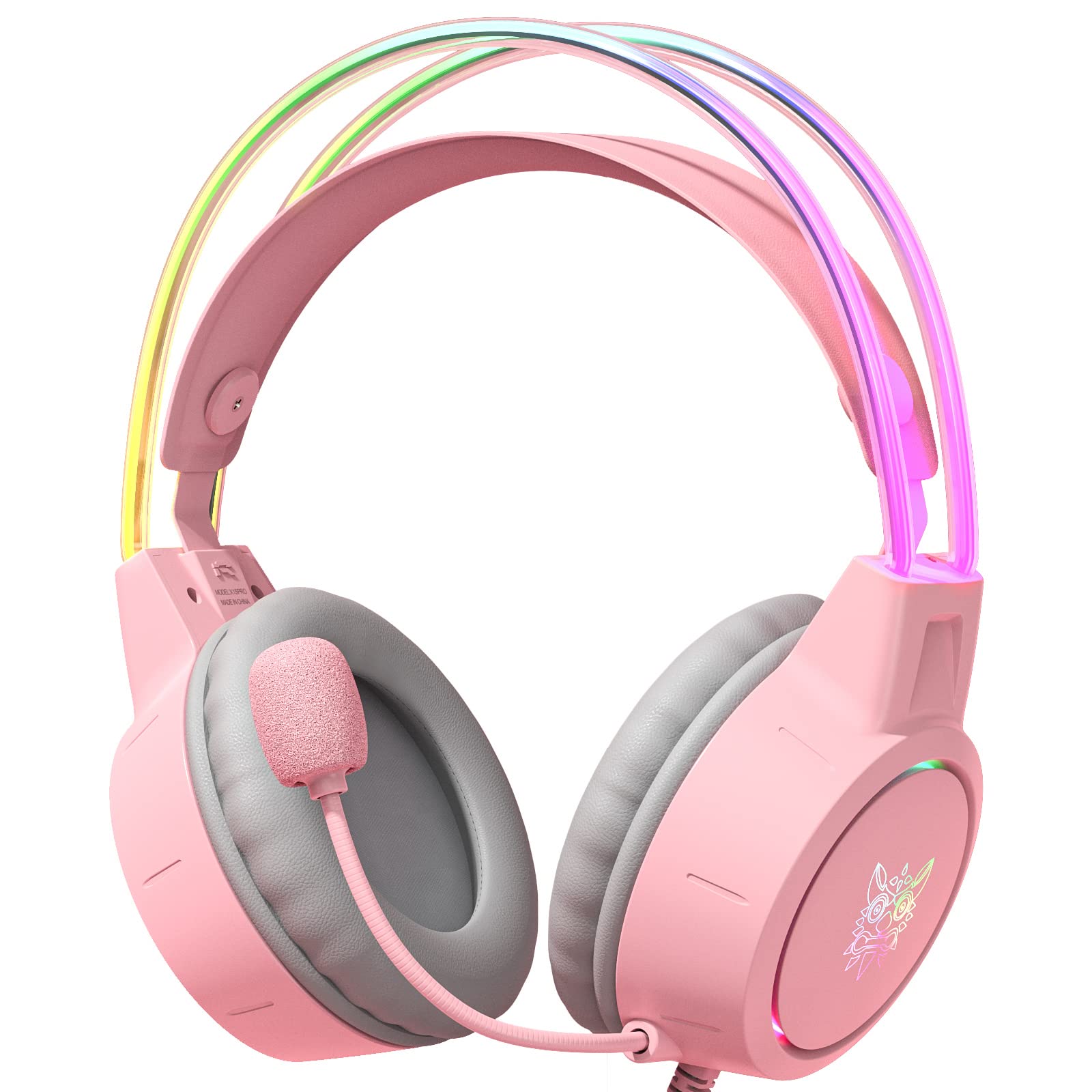 ONITOON Lightweight Pink Gaming Headset, RGB Lighting, Wired Over Ear Headphones with Mic for PC, PS4, PS5, Xbox, Switch, Stereo Surround Sound, Self-Adjusting Headband