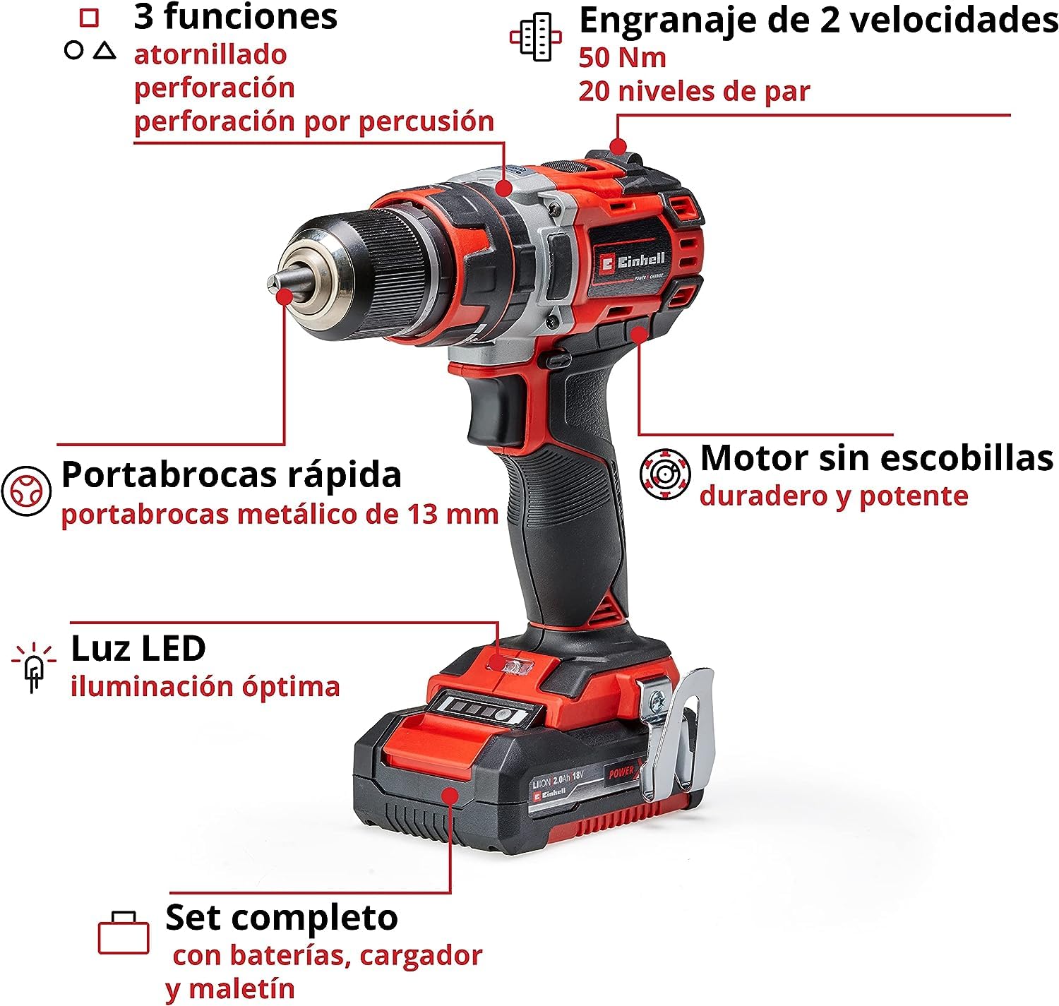 Einhell Taladro percutor atornillador inalámbrico TE-CD 18/50 Li-i BL Power X-Change (iones de litio, 18V, motor sin escobillas, control electrónico del par, 2 baterías 2.0 Ah y cargador) Negro Y Rojo