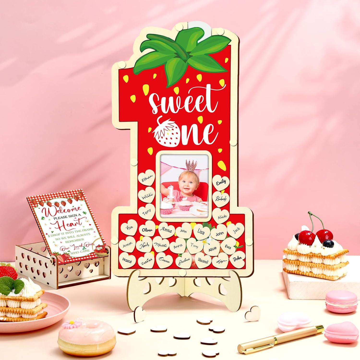 Wenqik 33 Pcs 1st Birthday Guest Book Alternatives 1st Decorations First Birthday Number One Shaped Photo Frame Centerpiece Keepsake with 30 Wood Slices(Berry One)