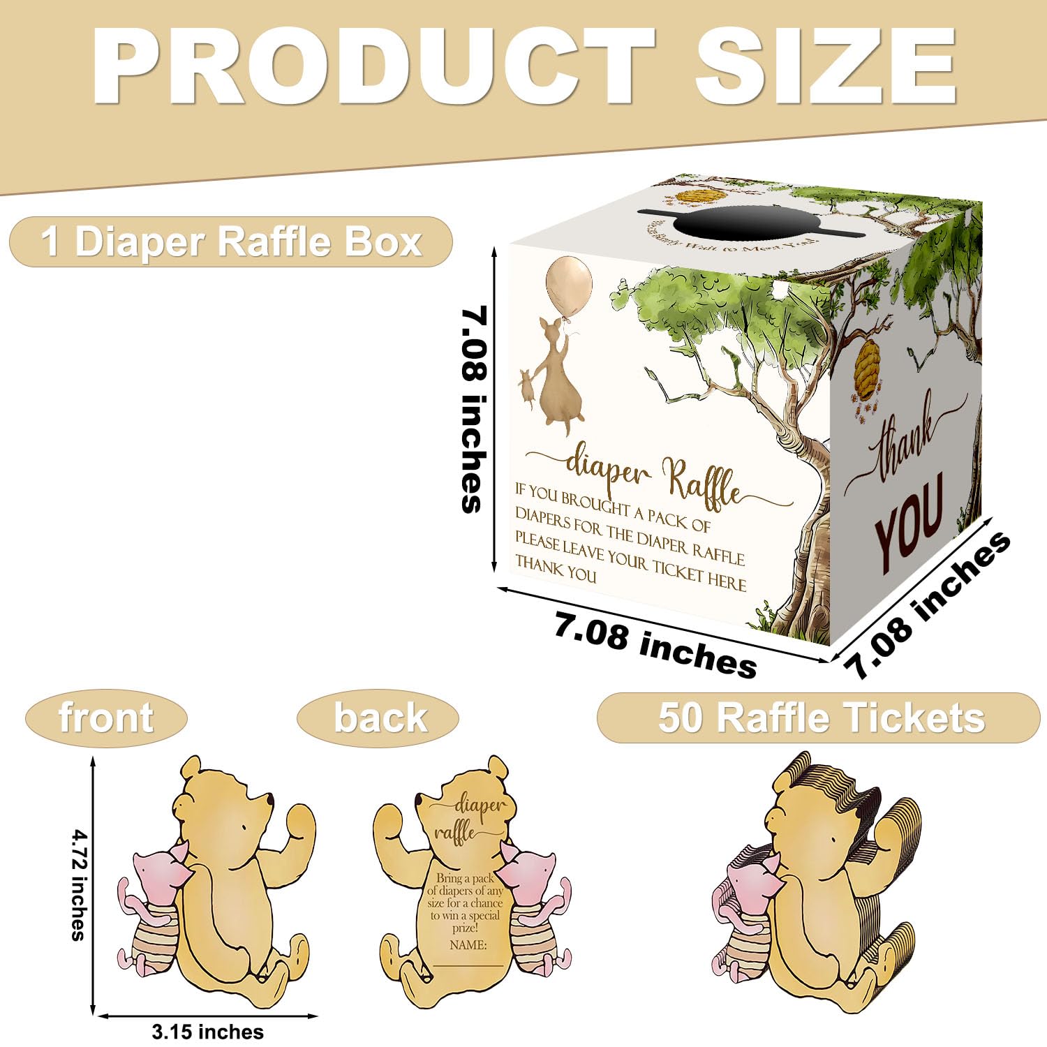 cidobi 51Pcs Winnie Baby Shower Party Decor, Diaper Raffle Box with 50 Writing Cards, the Pooh Diaper Raffle Tickets Set for Baby Shower, Party Favors Decorations Supplies