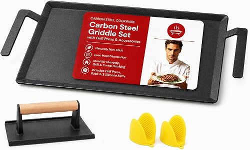 Universal Large Carbon Steel Griddle for Outdoor Gas Grill, Induction, Gas/Electric Stove, and Oven, Double Burner Griddle Comes with Grill Press, Pre-seasoned Nitride Coating Process
