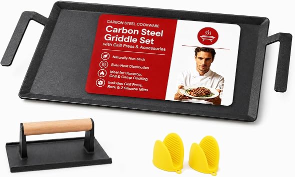 Universal Large Carbon Steel Griddle for Outdoor Gas Grill, Induction, Gas/Electric Stove, and Oven, Double Burner Griddle with Grill Press, Pre-seasoned Nitride Coating Process