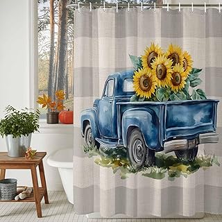 Blue Truck Yellow Sunflower Shower Curtain, Stall Bathroom Curtains for Bathtub, Summer Grey Plaid Vintage Waterproof Fabric Shower Curtain Set with 12 Hooks, Small 36" x 72"