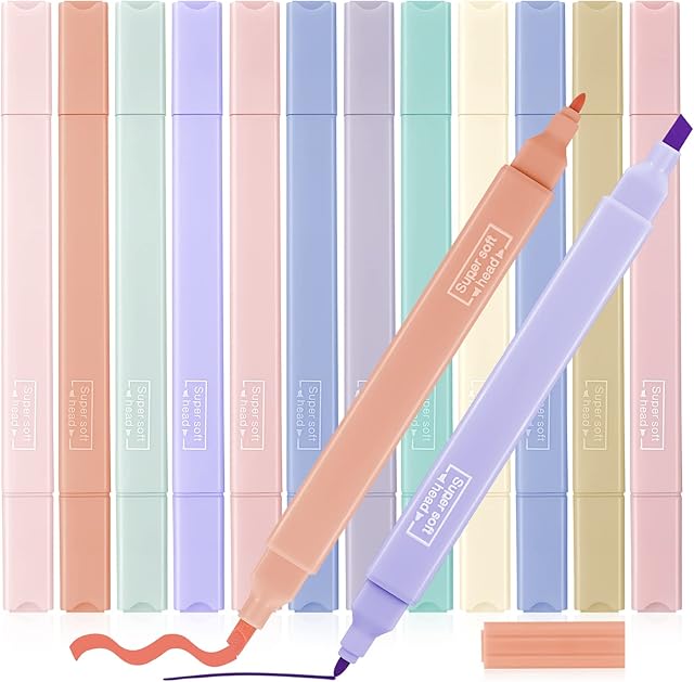 XINRUI 12Pcs Highlighters, Mild Assorted Colours Highlighters Pens Quick Dry Dual Tips Markers Pastel Drawing Pens Fluorescent Highlighter Pen for Student School Office Supplies Cute Stationery
