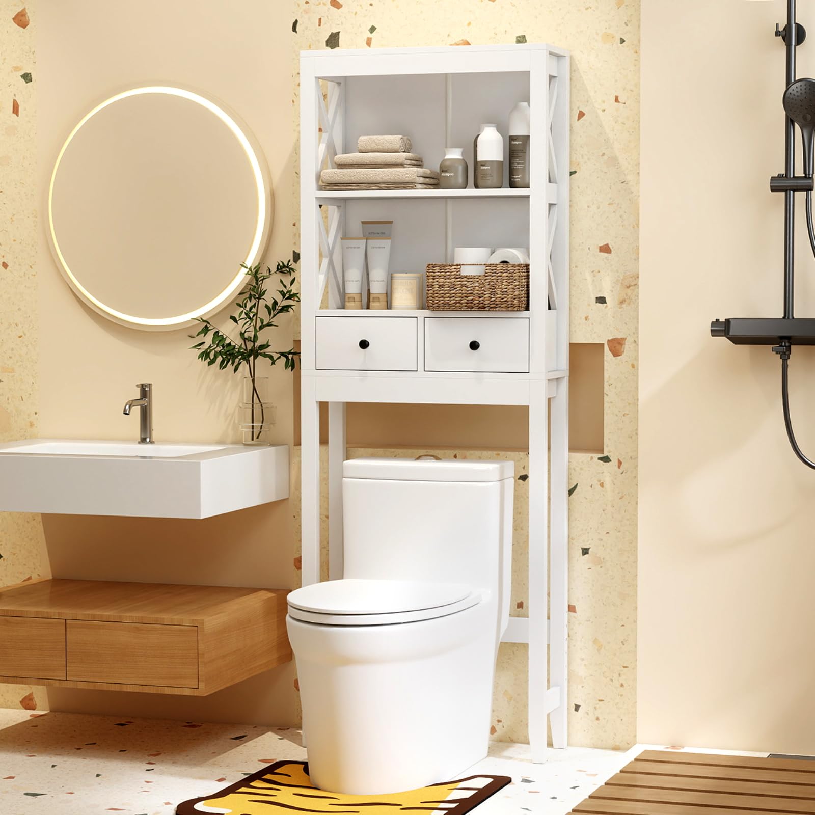 COSTWAY Meuble WC au-Dessus de Toilettes en Bois, Meuble de Salle de Bain avec 3 Étagères et 2 Tiroirs, Barre Inférieure Réglable, Dispositif Anti-basculement, 20 x 60 x 165,5 cm