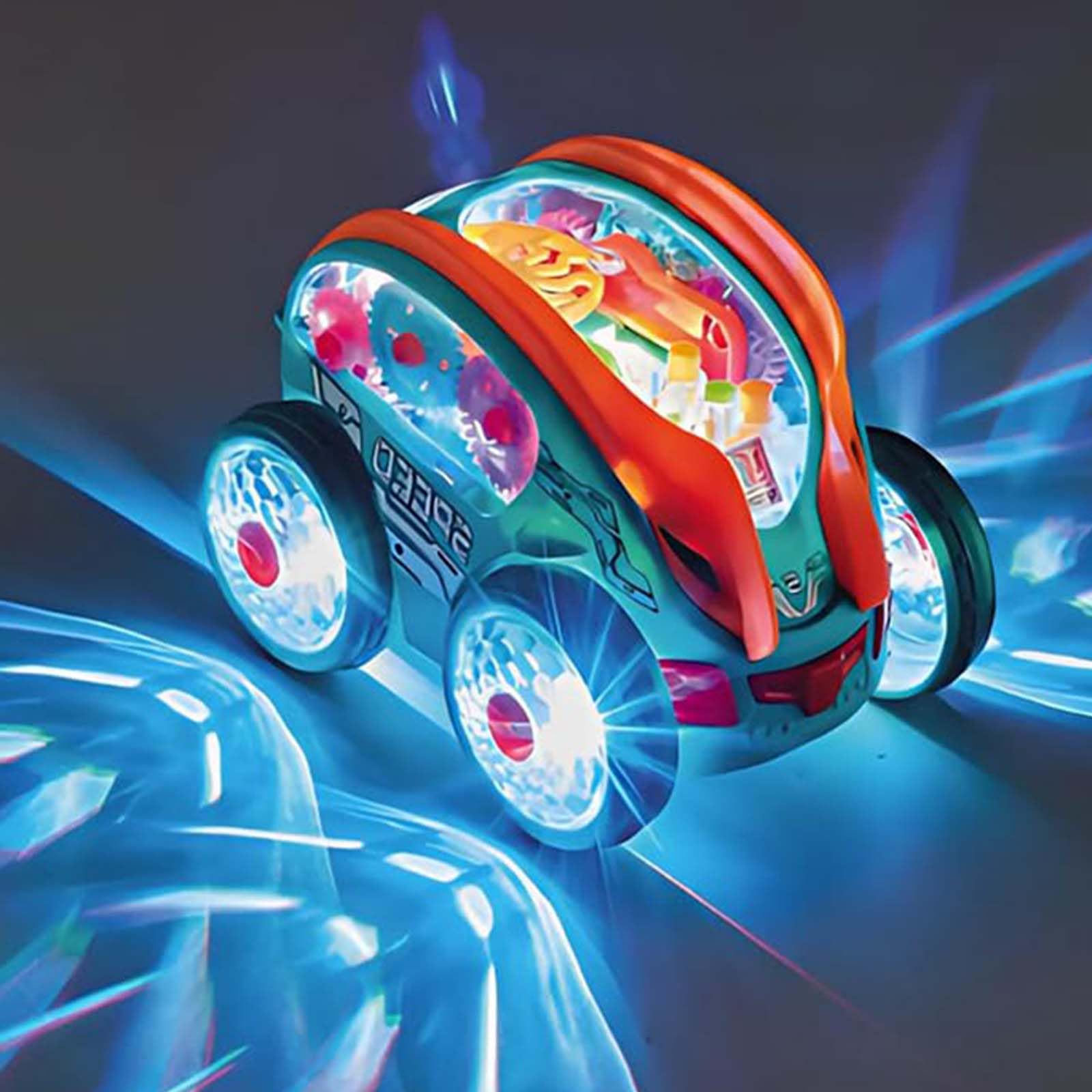 Speedlite Dynamic Gear-Powered Car, 360° Rotating Gear Toy Car with LED Lights, Children's Light Up Toy Cars With Music, Bump and Go Toy Transparent Car with Colorful Moving Gears for Boys Girls