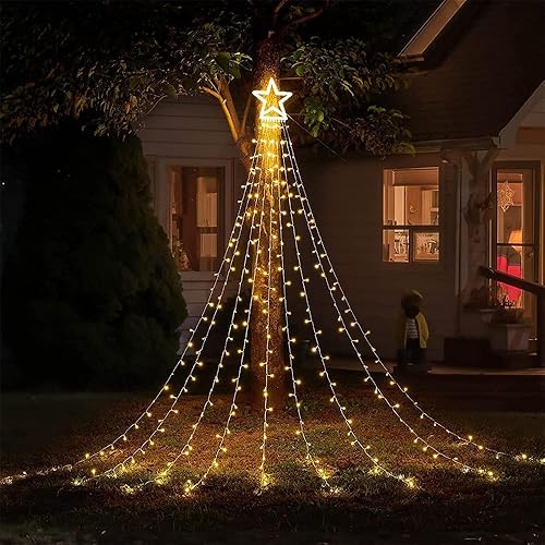 Miniatura 4 de Guirnalda de luces de estrella para decoración de Navidad al aire libre, 350 luces LED solares para árbol de Navidad con estrella de 12 pulgadas, 8