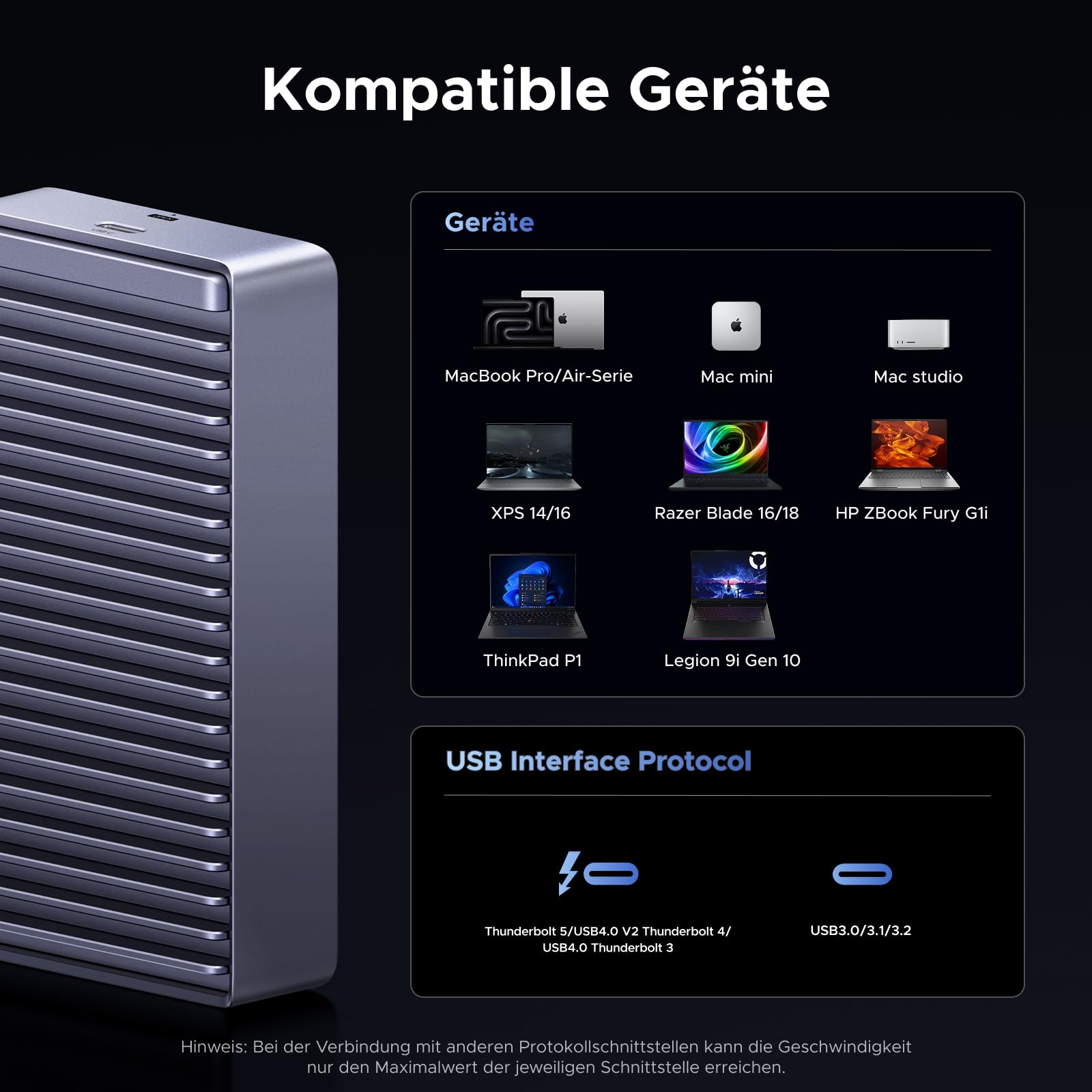 UGREEN 80Gbps M.2 NVMe SSD Gehäuse, NVMe Gehäuse kompatibel mit Thunderbolt 5/4/USB4 bis zu 7000MB/s, M2 SSD Gehäuse kompatibel mit MacBook, Mac mini, Mac Studio 50cm Kabel(SSD Nicht enthalten)
