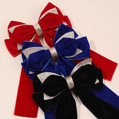 Miniatura 7 de 8 lazos de terciopelo en capas para el cabello para mujeres y niñas, pinzas para el cabello de 5 pulgadas, lazos largos negros con purpurina,