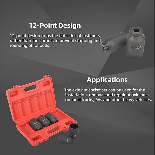 Miniatura 3 de higehio Juego de dados de tuerca de eje de 12 puntos con accionamiento de 12 pulgada, juego de llaves métricas de impacto profundo de 1.181 in,