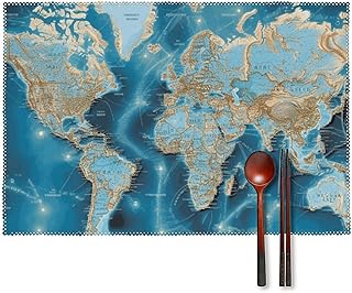 World Map Placemat Set of 4 Dining Table Placemats Canvas Washable Non-Slip Table Mats Heat Resistant Place Mats for Indoor Outdoor Party Kitchen Decoration