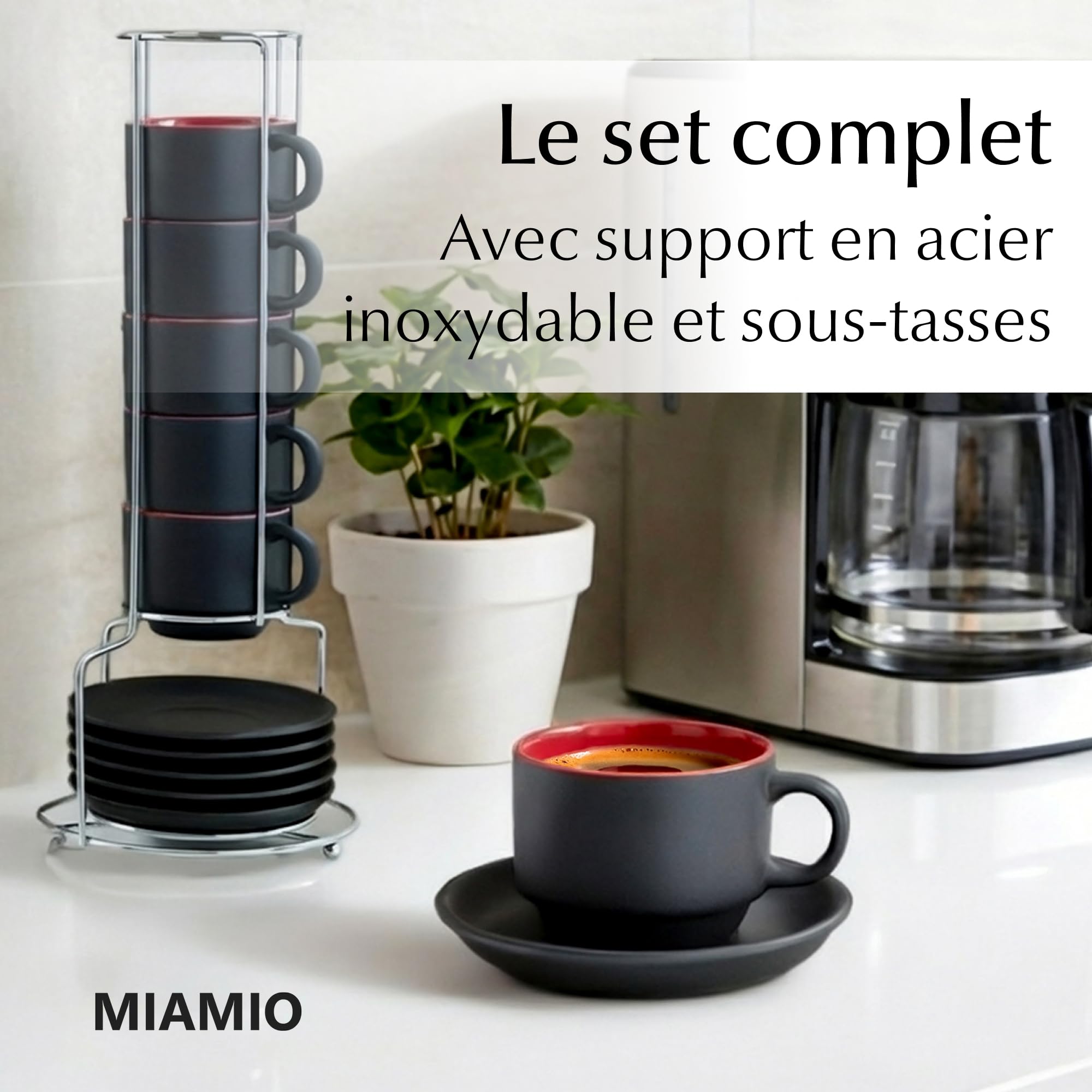 MIAMIO - 6 x 75 ml Ensemble tasses à expresso en grès tasse expresso en céramique tasse a cafe expresso - Le Papillon Collection (Rouge)