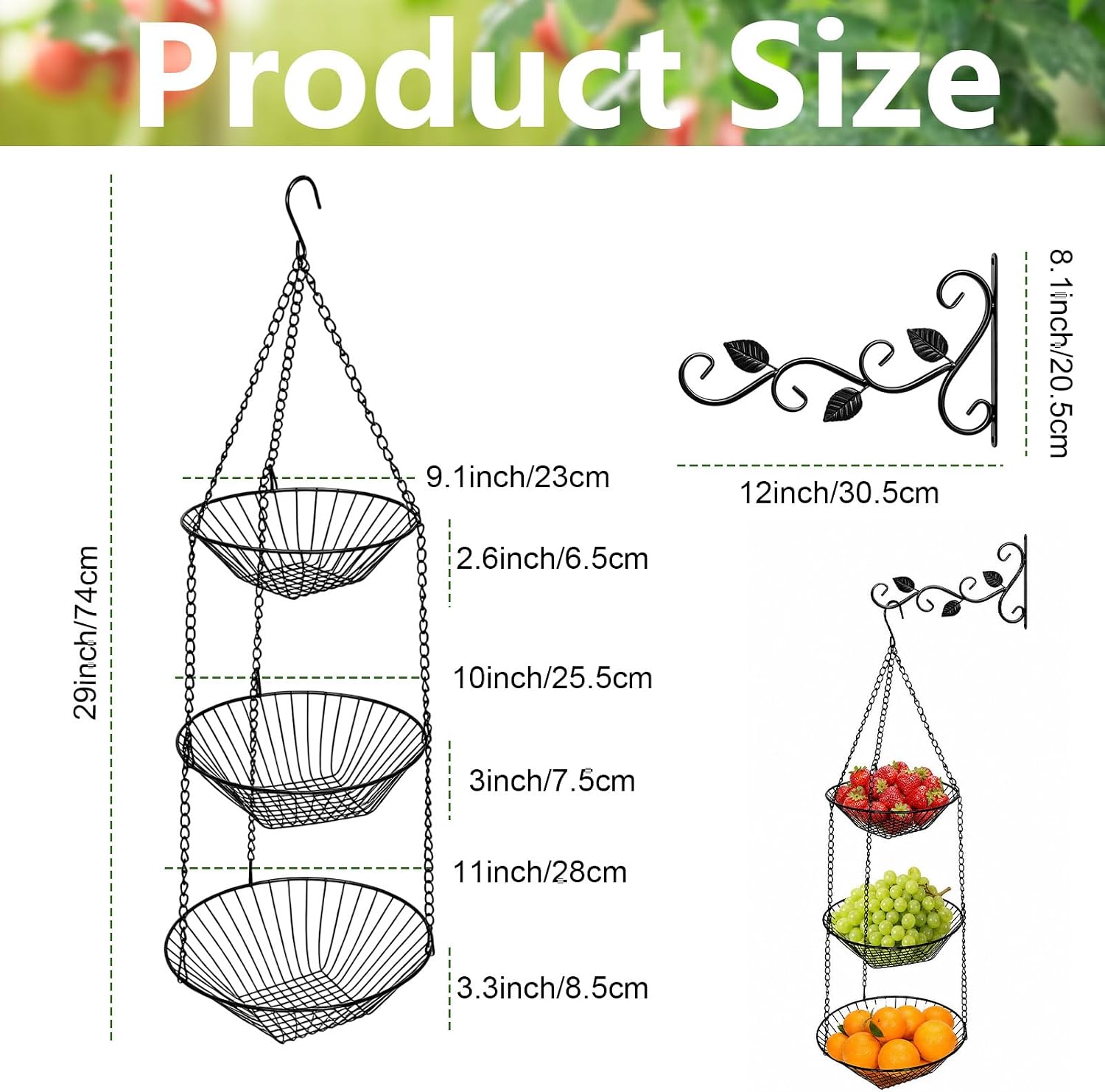 3-Tier Hanging Fruit Baskets for Kitchen with Banana Hook 36 Inch