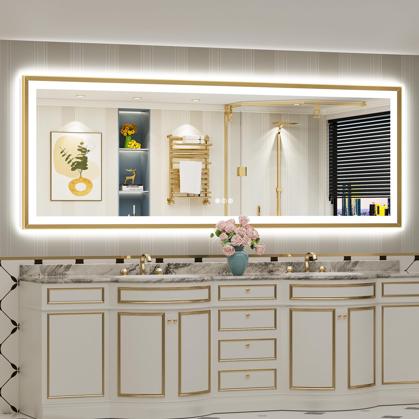 96x36 Gold Beveled LED Lighted Bathroom Mirror, Backlit &amp; Front Lit