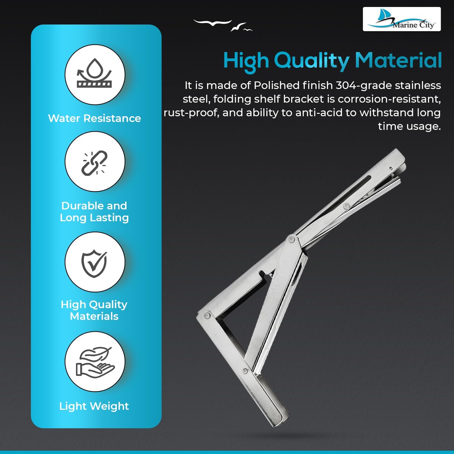 MARINE CITY Table Bracket Long Release Arm, 304 Stainless Steel Folding Shelf Bracket, 12-inch Arm, Supports 330LB, Space-Saving Design for Marine, Boats, Tables, Shelves, Storage Racks (Pack of 2)