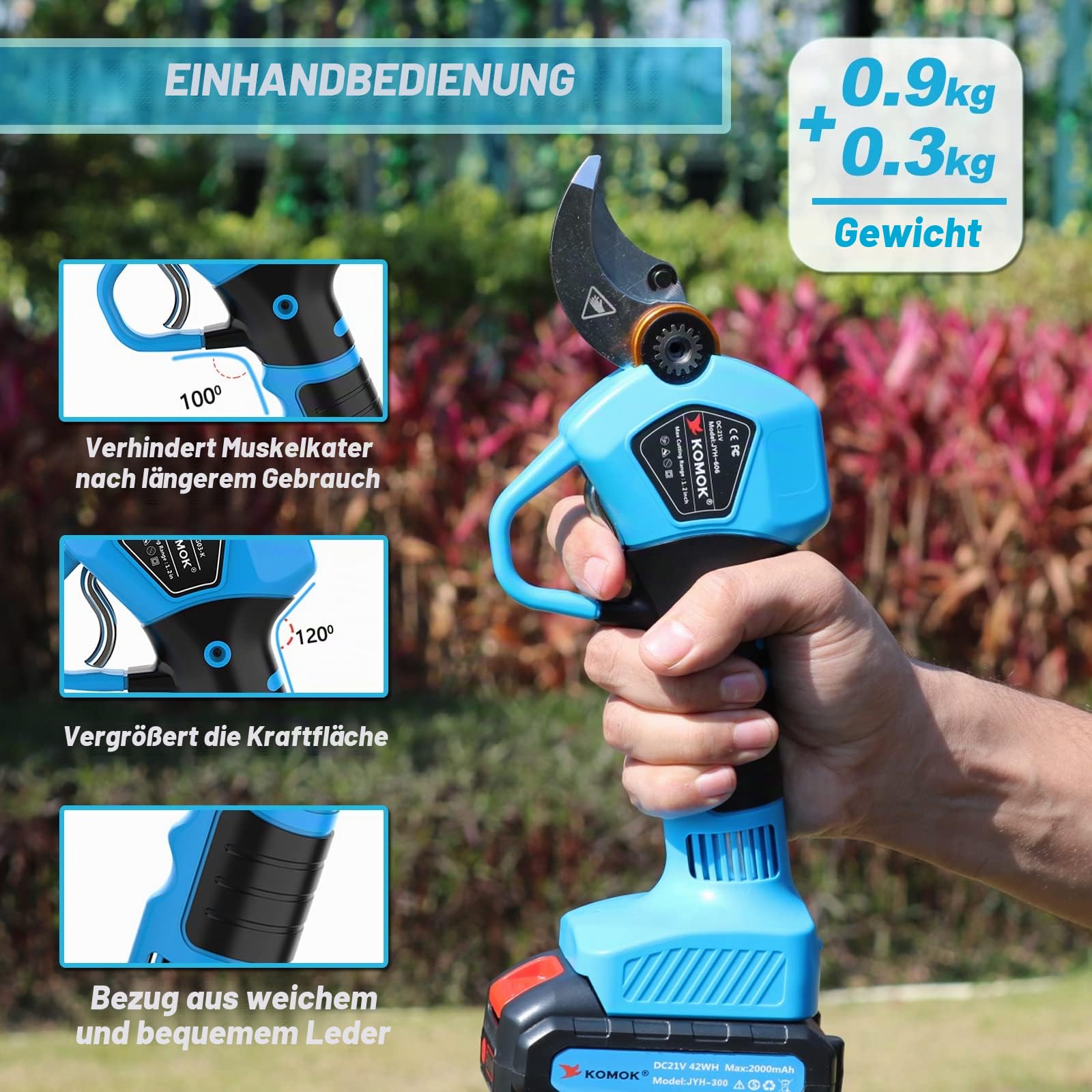 KOMOK Kabellose Elektrische Gartenschere, 21V Astschneider Baumschere Obstbaumschere, 2 PCS Wiederaufladbarer 2000mAh Akku Baum Astschere Rosenschere, MAX 30mm Schnittdurchmesser, 6-8 Arbeitsstunden