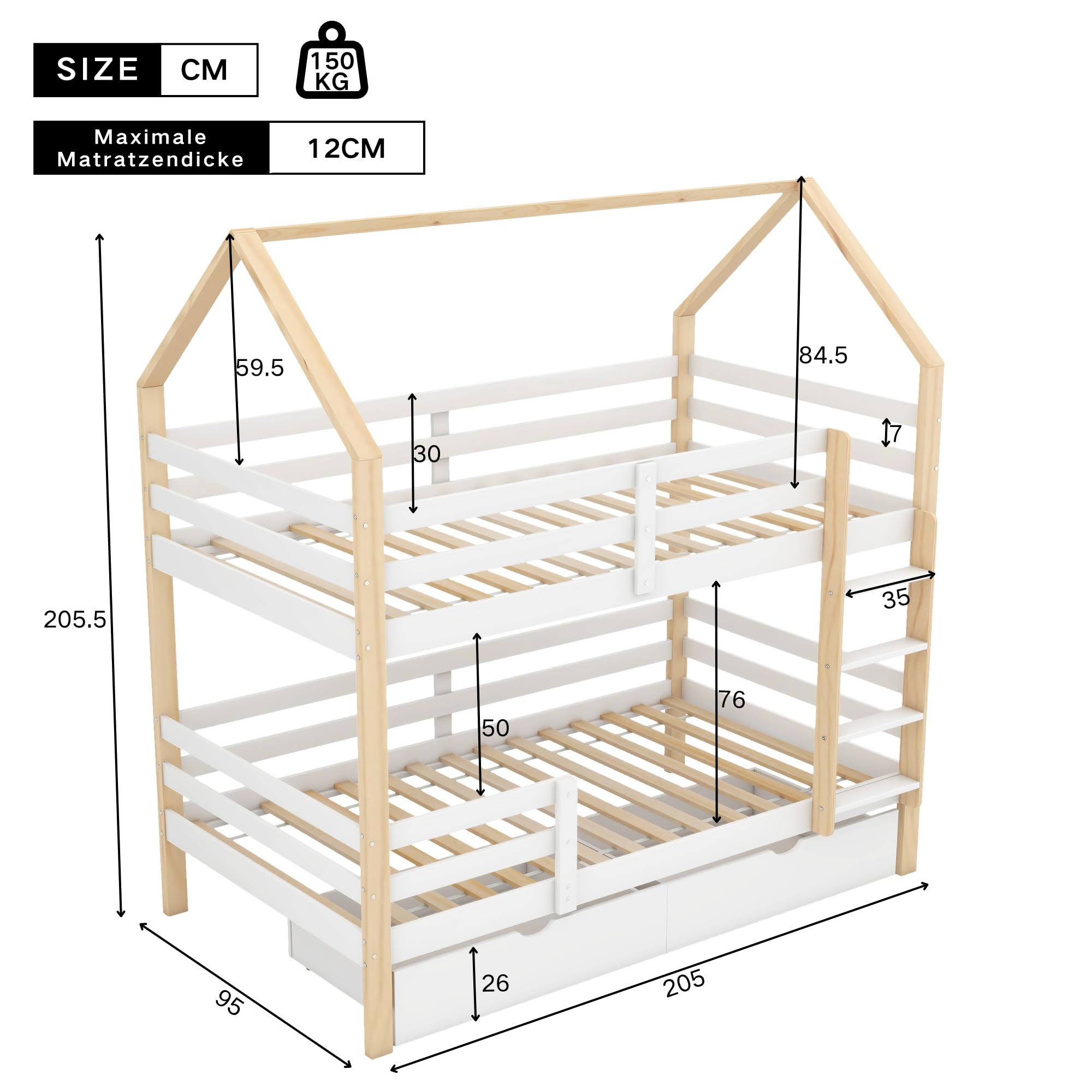 Merax Hochbett 90x200cm, Etagenbett mit Leiter & große Schubladen Stockbett für 2 Kinder mit Rausfallschutz und 2 Lattenrost, Kiefernholz Kinderbett Jugendbett, Doppelbett Hausbett, Holzfarbe & Weiß