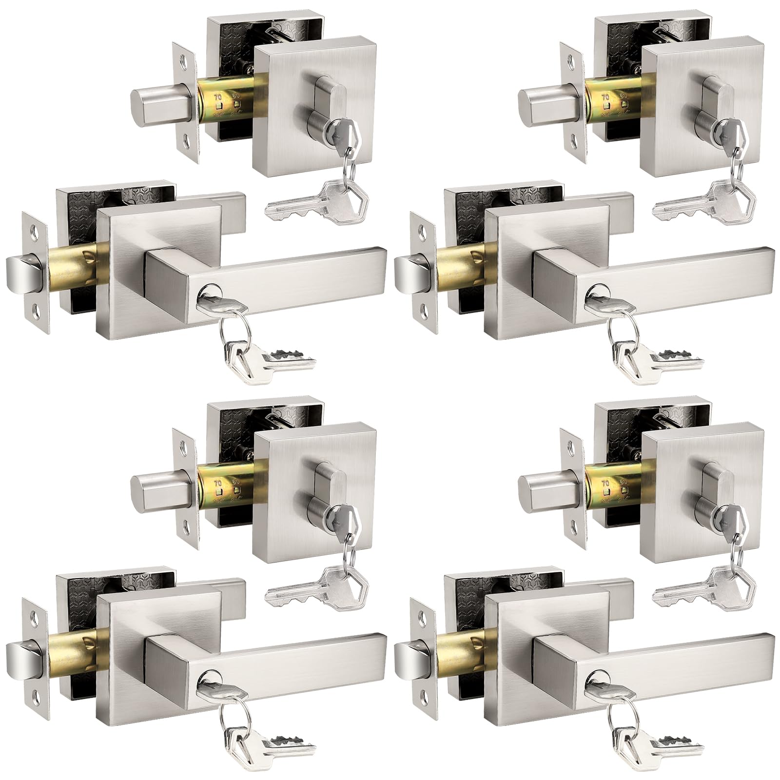 Probrico Square Keyed Entry Levers and Single Cylinder Deadbolts Combo Pack, Satin Nickel Heavy Duty Entrance Locksets for Office Bedroom and Front
