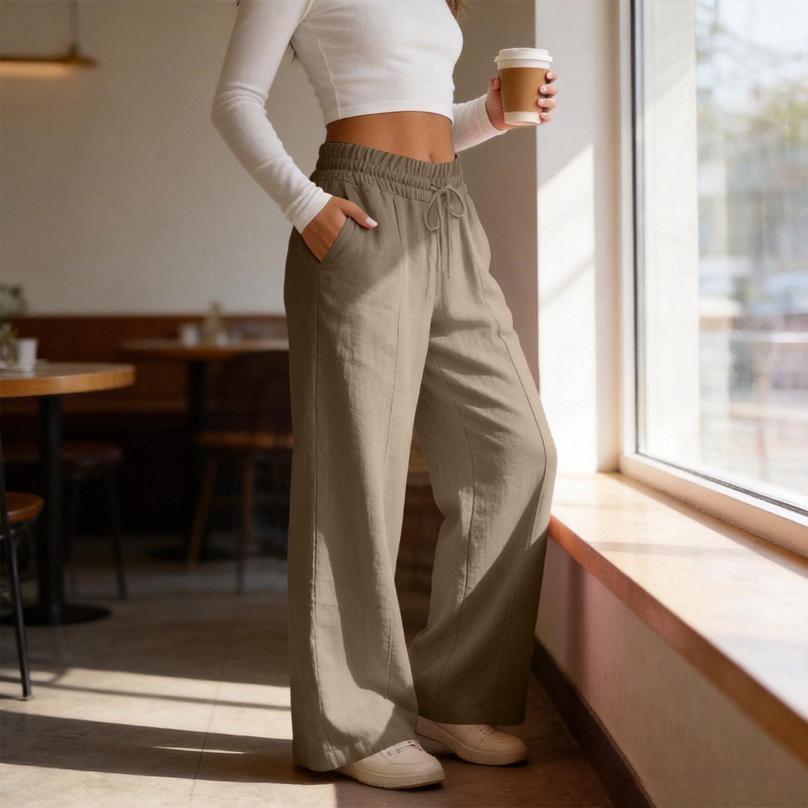 Pantaloni Lino Donna Larghi Pantalone Leggeri Comodi Elegante Casual Gamba Larga Pantalone Ampi da Spiaggia con Elastica in Vita e Tasca Traspiranti Pantaloni Sportivi Donna Jogging Pants Tinta Unita