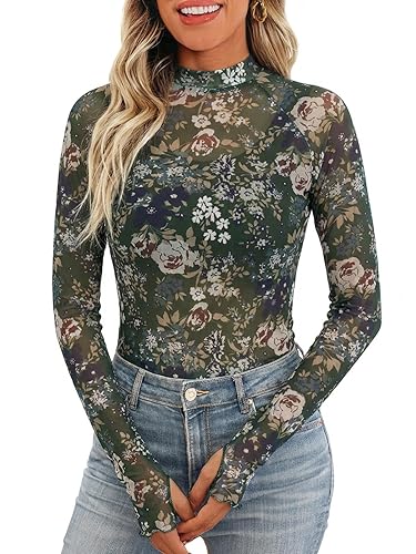 iGENJUN Lace Long Sleeve Shirts Sheer Floral Mesh Mock Neck