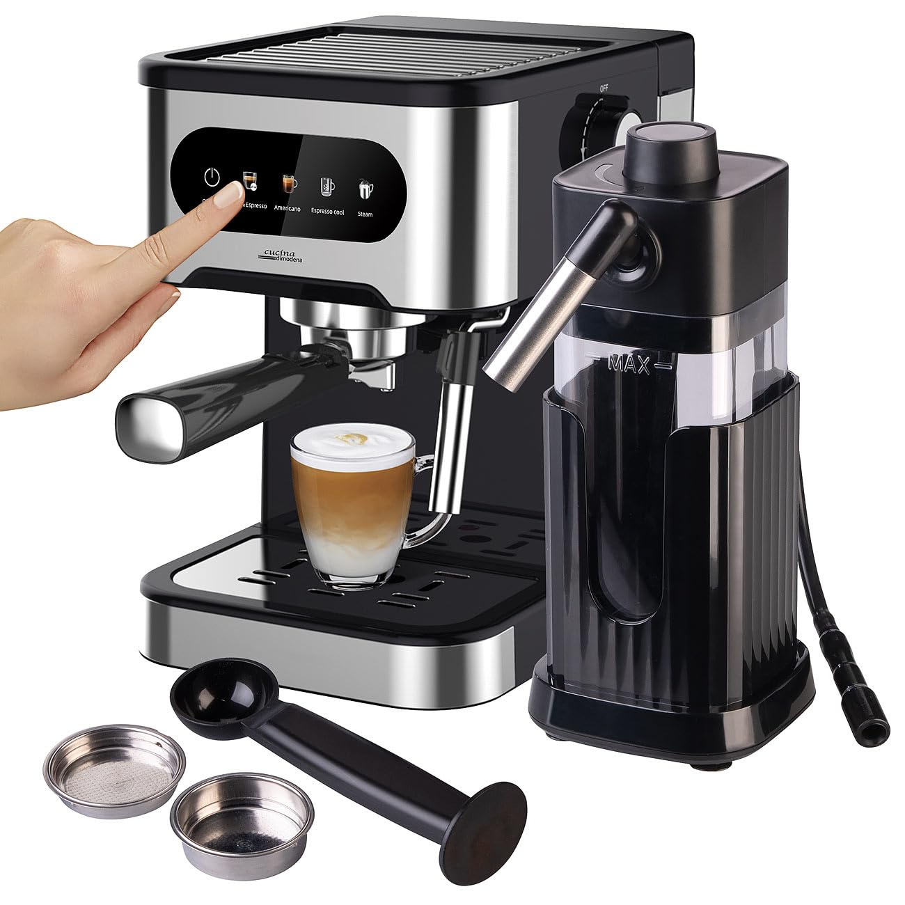 Machine à expresso porte-filtre avec mousseur à lait et réservoir à lait [Cucina di Modena]